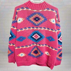 Vintage Aztec Knit Sweater • 90s Maximalist Boho Southwest Pullover • Size Large